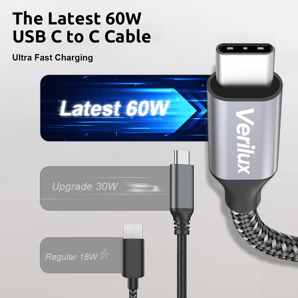Verilux Type C to Type C Cable, 16.4Ft PD 60W Fast Charging USB C Cable, 480Mbps Data Transfer Cable Nylon Braided C to C Type Cable for MacBook Pro 2020, iPad Pro 2020, iPad Air 4, Samsung S23 Verilux Type C to Type C Cable, 16.4Ft PD 60W Fast Charging USB C Cable, 480Mbps Data Transfer Cable Nylon Braided C to C Type Cable for MacBook Pro 2020, iPad Pro 2020, iPad Air 4, Samsung S23